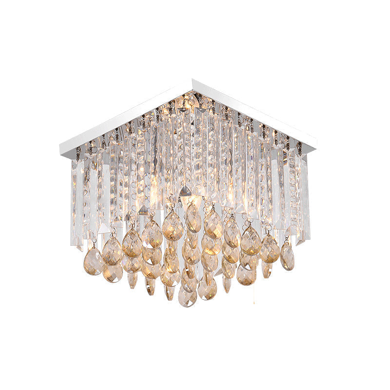 Modern Chrome Crystal Drop Bedroom Ceiling Light - Square Mount 8/12 Wide