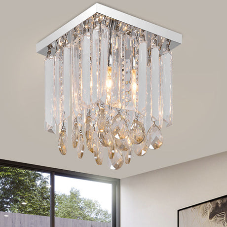 Modern Chrome Crystal Drop Bedroom Ceiling Light - Square Mount 8/12 Wide / 8