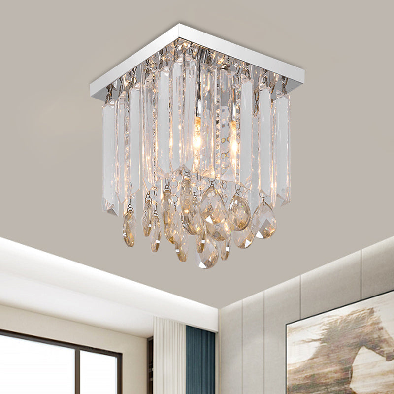 Modern Chrome Crystal Drop Bedroom Ceiling Light - Square Mount 8’/12’ Wide