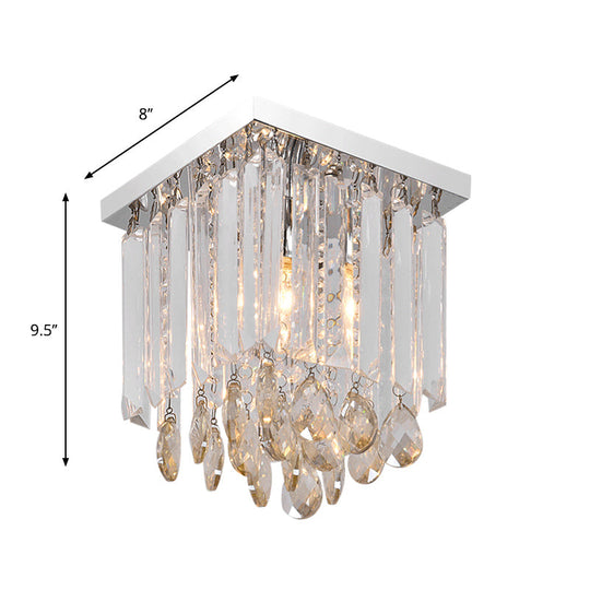 Modern Chrome Crystal Drop Bedroom Ceiling Light - Square Mount 8’/12’ Wide