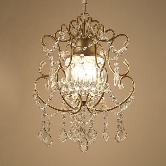 Gold Modernist Scroll Pendant Chandelier With Crystal Swag - 3 Heads Hanging Ceiling Light
