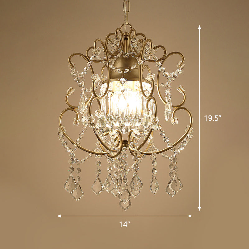 Gold Modernist Scroll Pendant Chandelier With Crystal Swag - 3 Heads Hanging Ceiling Light
