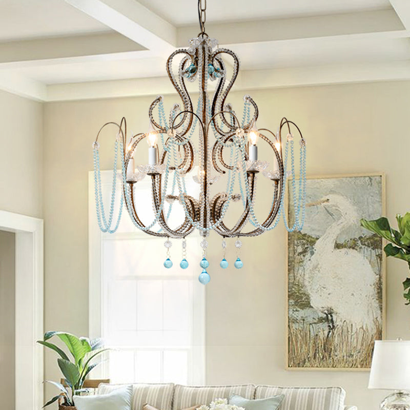 Modern Crystal Beads Chandelier With 6 Bulbs - Elegant Living Room Suspension Light In Rust