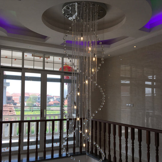 Chrome Finish Crystal Bead Spiral Waterfall Flush Mount Lamp - 5-Head Stairway Fixture