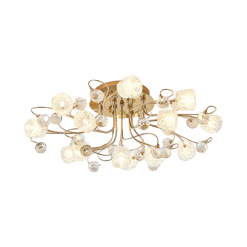 Modern Gold Flowerbud Ceiling Lamp With Bubble Glass - 13-Light Semi Flush Chandelier