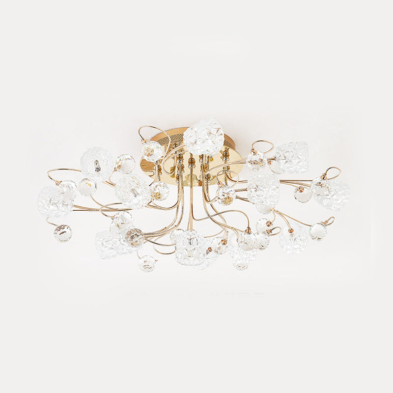 Modern Gold Flowerbud Ceiling Lamp With Bubble Glass - 13 - Light Semi Flush Chandelier