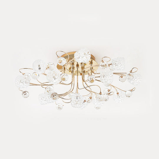 Modern Gold Flowerbud Ceiling Lamp With Bubble Glass - 13-Light Semi Flush Chandelier