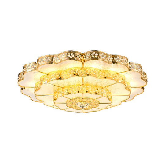 Gold Led Flush Mount Fixture With Crystal Flower Shade - Contemporary Bedroom Ceiling Lamp