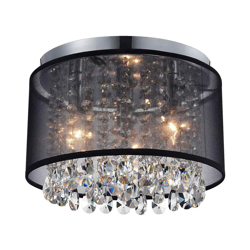 Chrome Flush Mount Lamp With Crystal Drops - Simple & Stylish 3 - Light Cylinder Ceiling Fixture