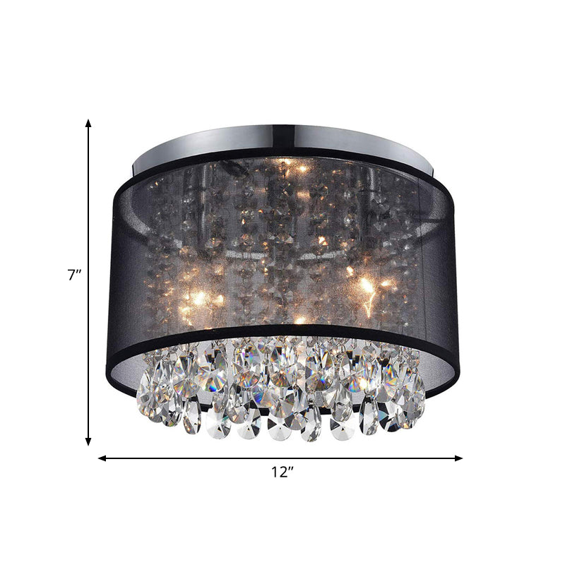 Chrome Flush Mount Lamp With Crystal Drops - Simple & Stylish 3 - Light Cylinder Ceiling Fixture