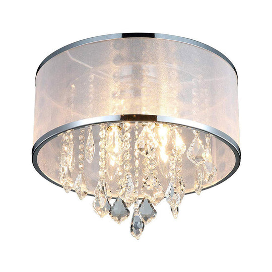 Simple 4-Light Drum Shade Flush Mount Fixture For Bedroom Ceiling Light With Crystal Accent - Chrome