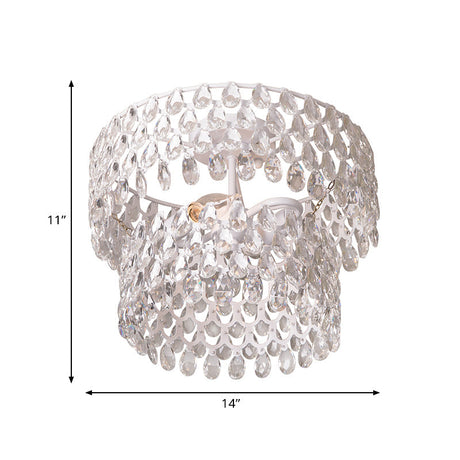 Contemporary Crystal Teardrop Ceiling Lamp With Tiered Design - White Semi Flush Light 2 Heads