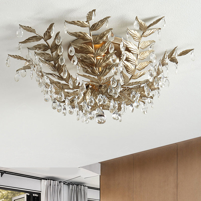 Classic Style Crystal Orb Gold/Black Semi-Flush Mount Leaf Ceiling Light For Bedroom - 10 Heads