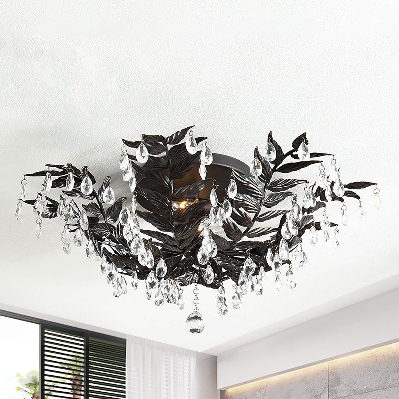 Classic Style Crystal Orb Gold/Black Semi - Flush Mount Leaf Ceiling Light For Bedroom - 10 Heads