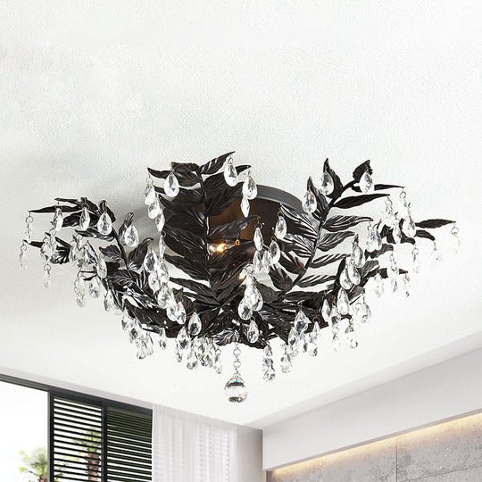 Classic Style Crystal Orb Gold/Black Semi - Flush Mount Leaf Ceiling Light For Bedroom - 10 Heads