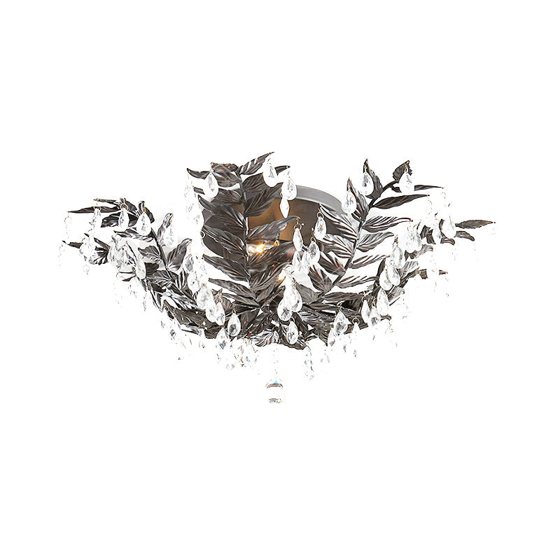 Classic Style Crystal Orb Gold/Black Semi - Flush Mount Leaf Ceiling Light For Bedroom - 10 Heads
