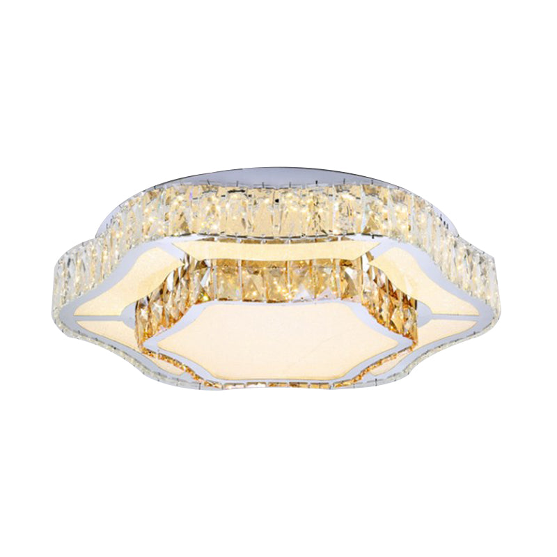 Contemporary Chrome Crystal Led Flush Light With 2 Layers Of Flower Design - Perfect For Living Room