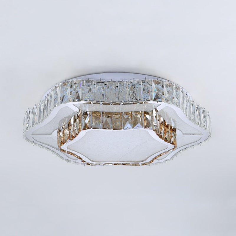 Contemporary Chrome Crystal Led Flush Light With 2 Layers Of Flower Design - Perfect For Living