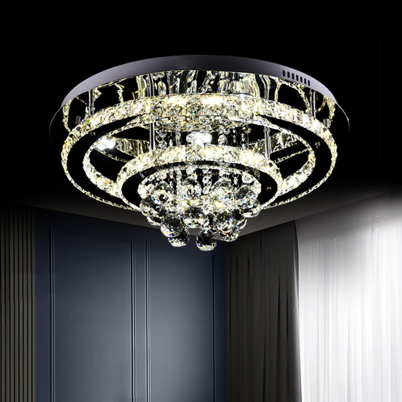 Modern Led Flush Mount Ceiling Light With Dual Crystal Frame In Chrome - Ideal For Bedrooms