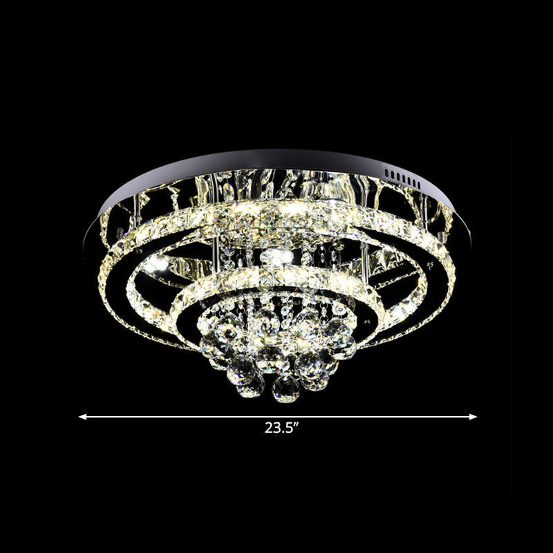 Modern Led Flush Mount Ceiling Light With Dual Crystal Frame In Chrome - Ideal For Bedrooms