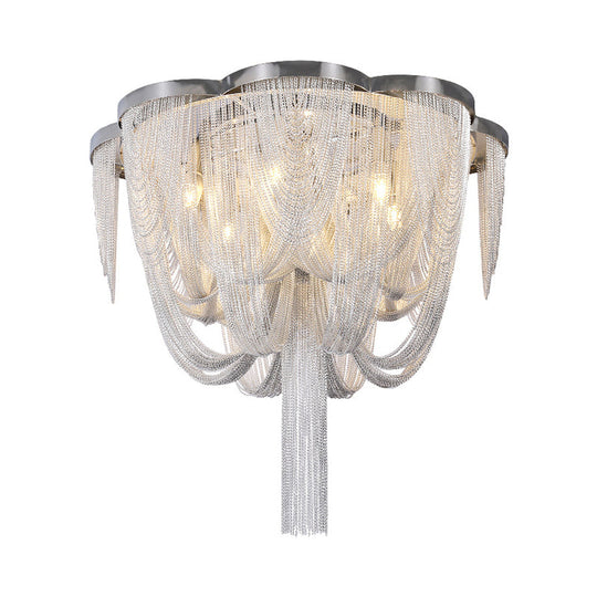 Modern Chrome Finish Flush Mount Ceiling Light | 5 - Light Tassel Chain Chandelier