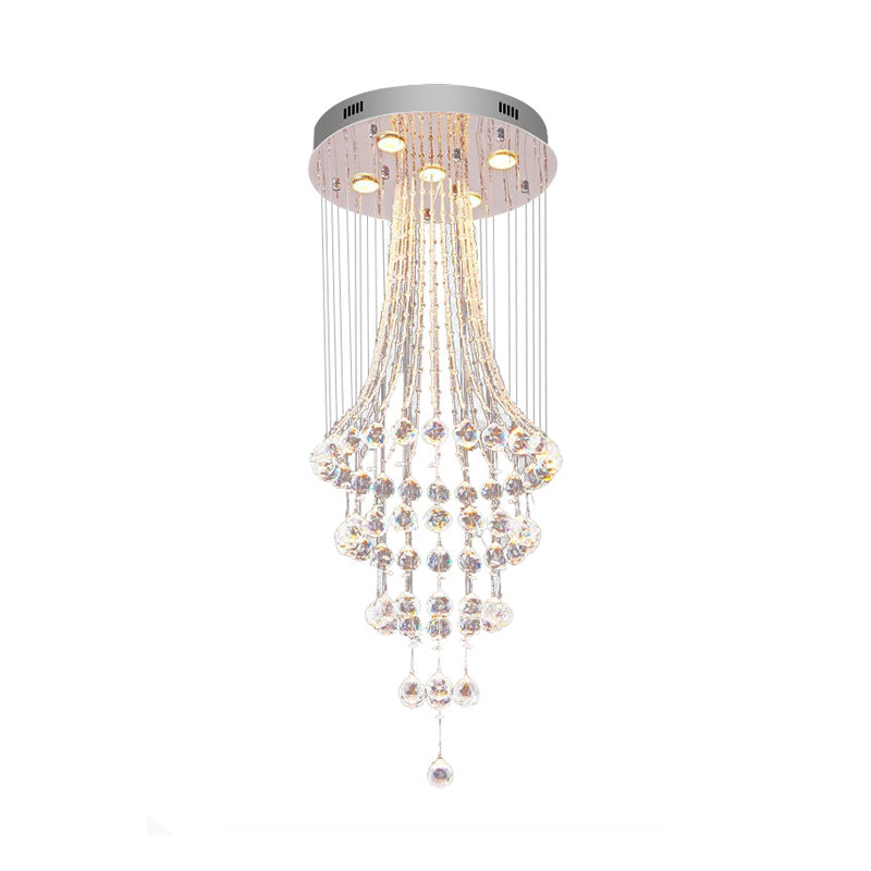Modern Crystal Ceiling Lamp: Flared Drape 5 - Head Flush Mount Fixture In Chrome - Stylish Dining