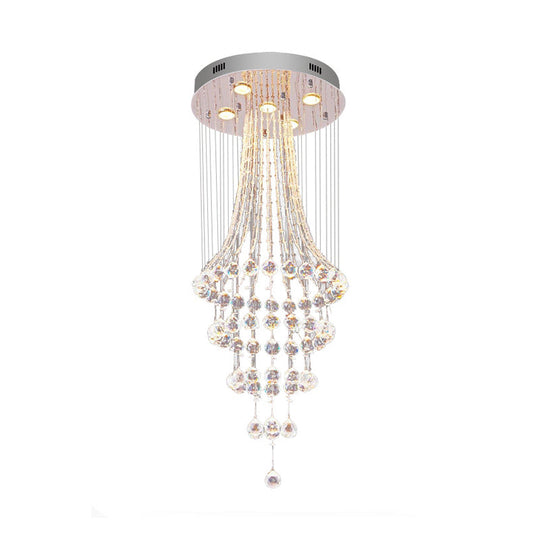 Modern Crystal Ceiling Lamp: Flared Drape 5 - Head Flush Mount Fixture In Chrome - Stylish Dining