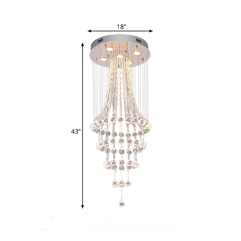 Modern Crystal Ceiling Lamp: Flared Drape 5-Head Flush Mount Fixture In Chrome - Stylish Dining Room