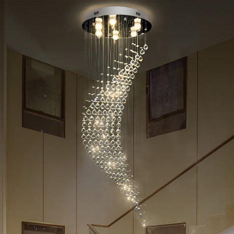 Modernist Crystal Draping Chrome Flush Light With 6 Bulbs - Crescent Shape Ceiling Mount Lamp