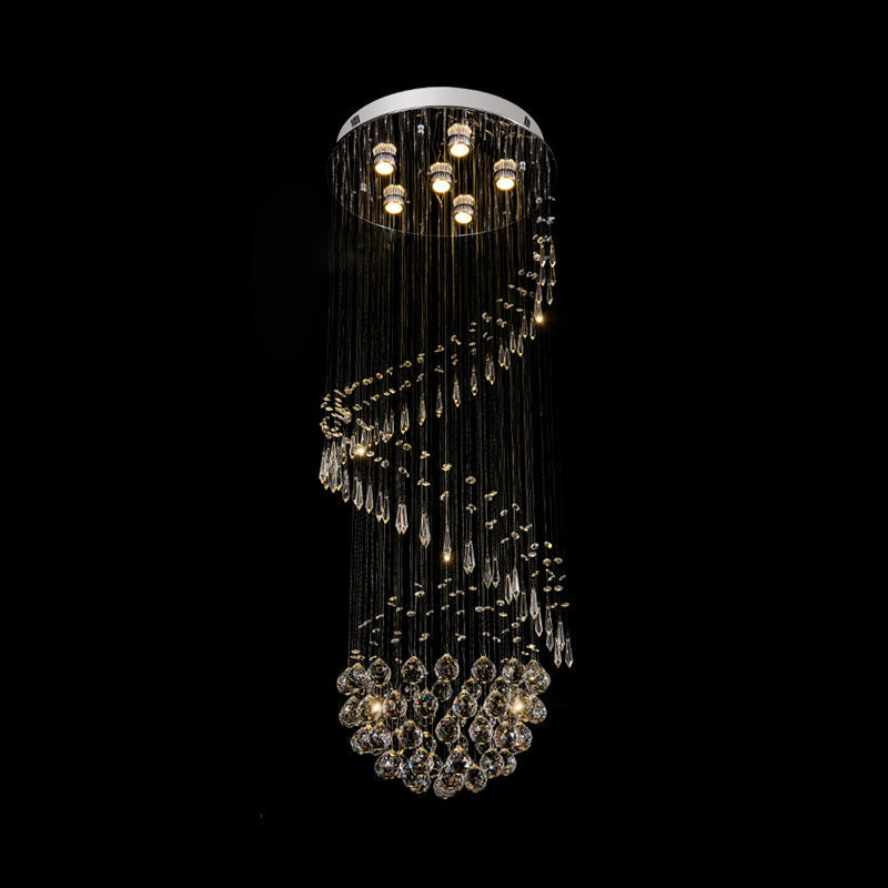 Contemporary Chrome Crystal Flushmount Chandelier - 6 Heads Coiled Ceiling Mount Light For Hall