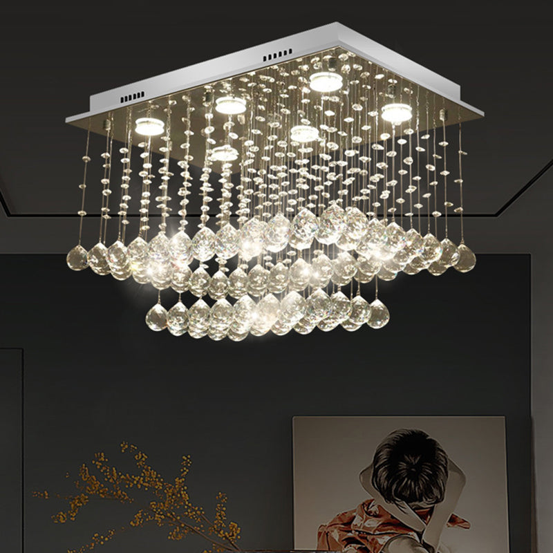 Modern Chrome Cuboid Crystal Flush - Mount Ceiling Light Fixture With 5 Bulbs