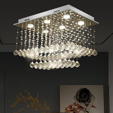 Modern Chrome Cuboid Crystal Flush-Mount Ceiling Light Fixture With 5 Bulbs
