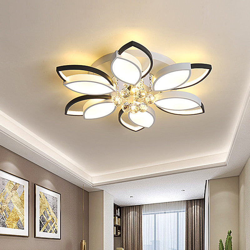 Petals Bedroom Led Ceiling Light With Nordic Acrylic Shade Crystal Ball Drop Black-White Finish