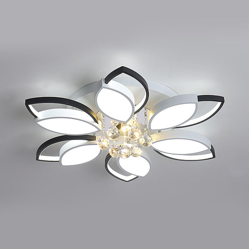 Petals Bedroom Led Ceiling Light With Nordic Acrylic Shade Crystal Ball Drop Black - White Finish