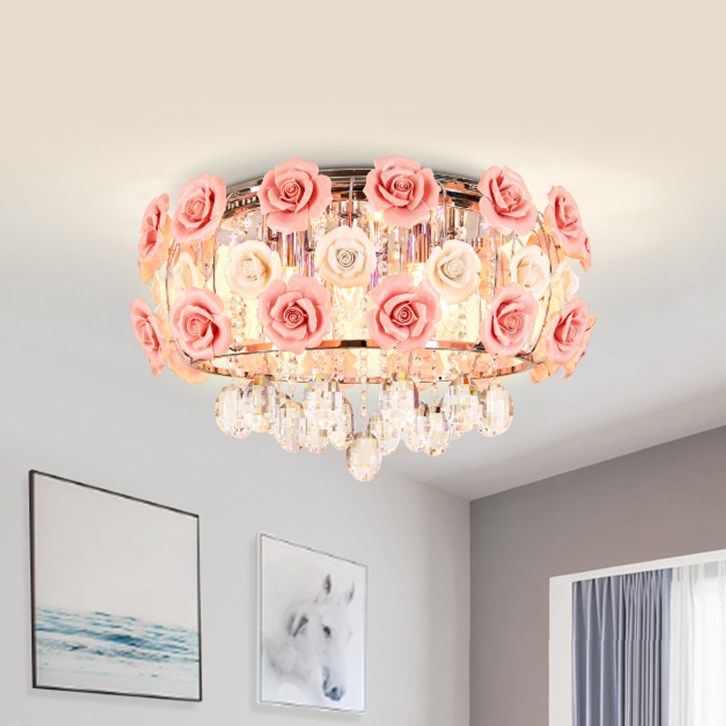 Modern Romantic Crystal Flush Mount Chandelier - Pink Blooming Rose Ceiling Light 8-Bulb