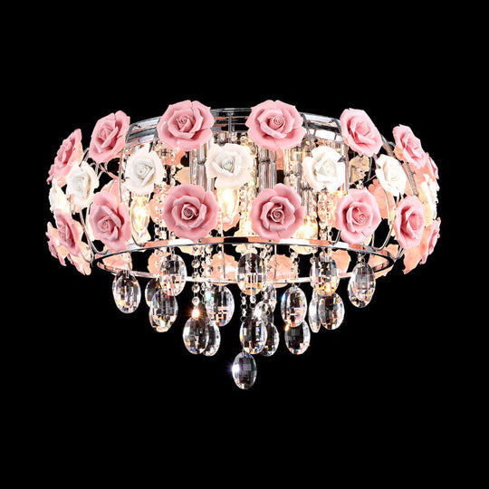 Modern Romantic Crystal Flush Mount Chandelier - Pink Blooming Rose Ceiling Light 8 - Bulb