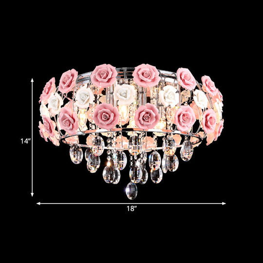 Modern Romantic Crystal Flush Mount Chandelier - Pink Blooming Rose Ceiling Light 8-Bulb
