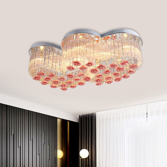 Romantic Crystal Rod Loving Heart Modern 8-Light Flush Ceiling Light With Pink Ceramic Rose Finials