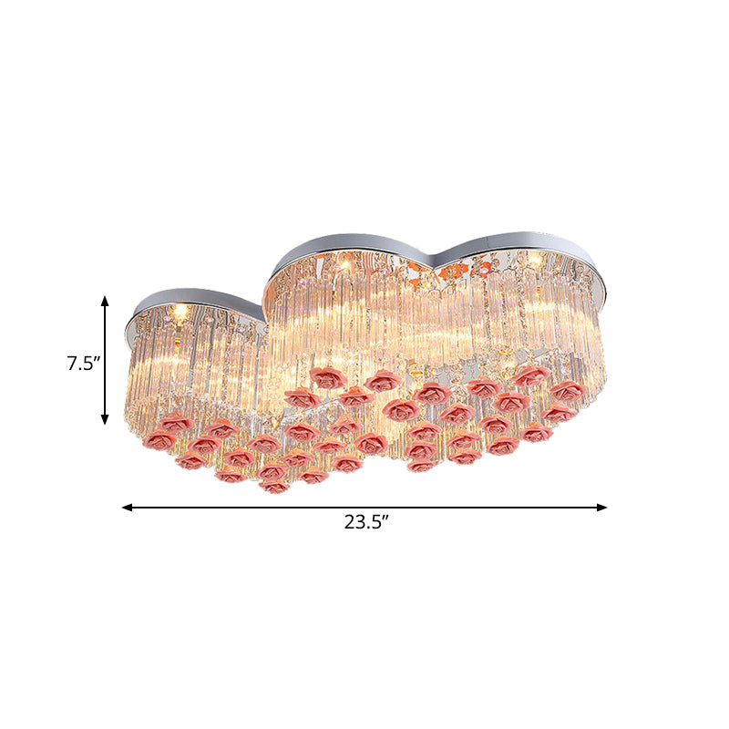 Romantic Crystal Rod Loving Heart Modern 8 - Light Flush Ceiling Light With Pink Ceramic Rose
