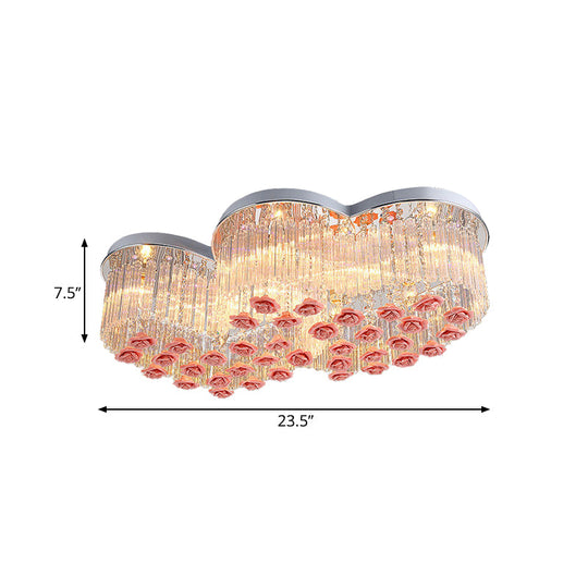 Romantic Crystal Rod Loving Heart Modern 8-Light Flush Ceiling Light With Pink Ceramic Rose Finials