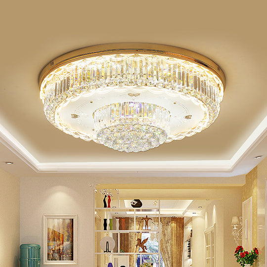 Minimalist Prismatic Crystal Gold Flush Mount Light For Living Room - 2 Tiers Led Ceiling Fixture