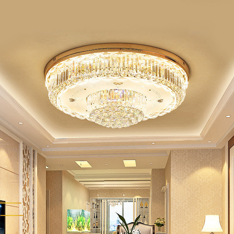 Minimalist Prismatic Crystal Gold Flush Mount Light For Living Room - 2 Tiers Led Ceiling Fixture