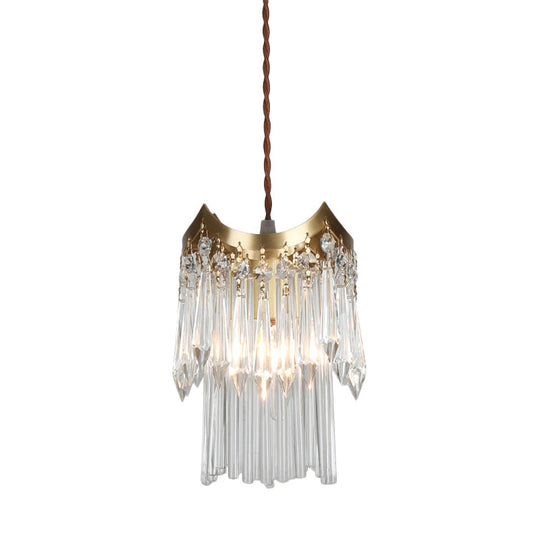 Minimalist Brass Pendulum Light With Crystal Prism And Tube Design - 2-Tier Hanging Ceiling Lamp
