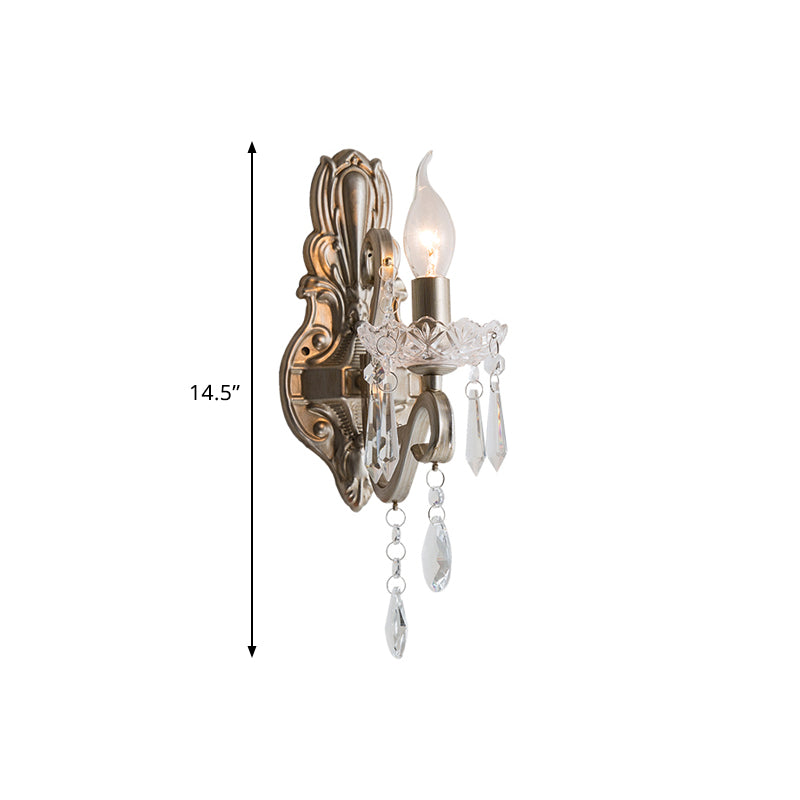 Retro Swirl Arm Silver Finish Wall Sconce With Crystal Drop - Stylish Living Room Lighting