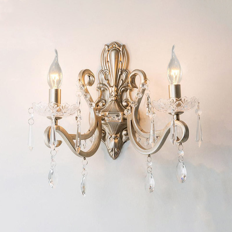 Retro Swirl Arm Silver Finish Wall Sconce With Crystal Drop - Stylish Living Room Lighting