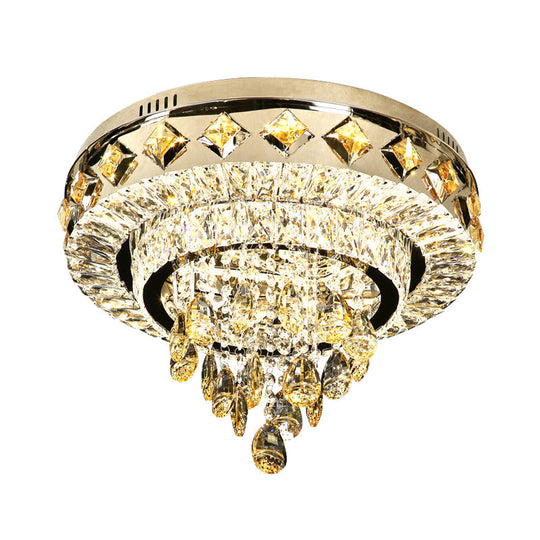 Contemporary Crystal 2 - Tier Led Ceiling Flush Mount Lamp - 19.5’/23.5’ Width Chrome With Drop
