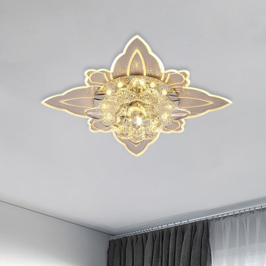 Contemporary Led Flush-Mount Ceiling Lamp With Clear Crystal Floral Design