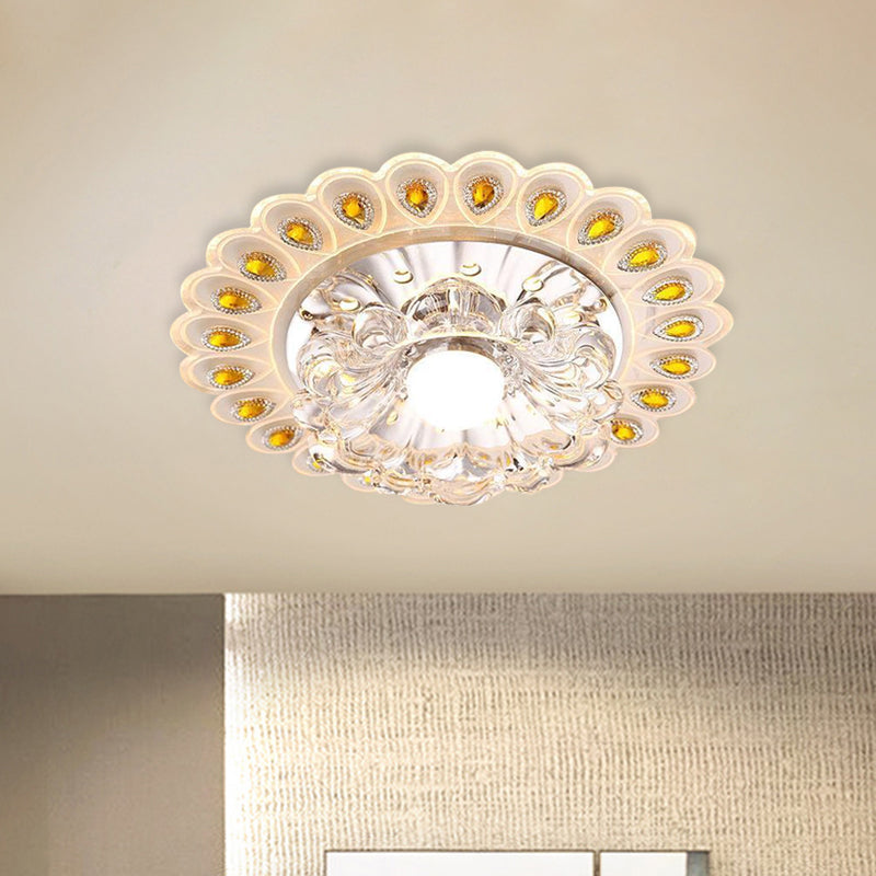 Romantic Led Floral Flush Mount Ceiling Light With Clear Crystal And Peacock Feather Accent