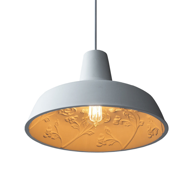 Loft Style White Iron Barn Shade Pendant Lamp With Inner Etched Rose Design - Hanging Ceiling Light