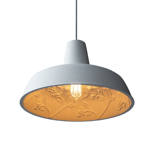 Loft Style White Iron Barn Shade Pendant Lamp With Inner Etched Rose Design - Hanging Ceiling Light